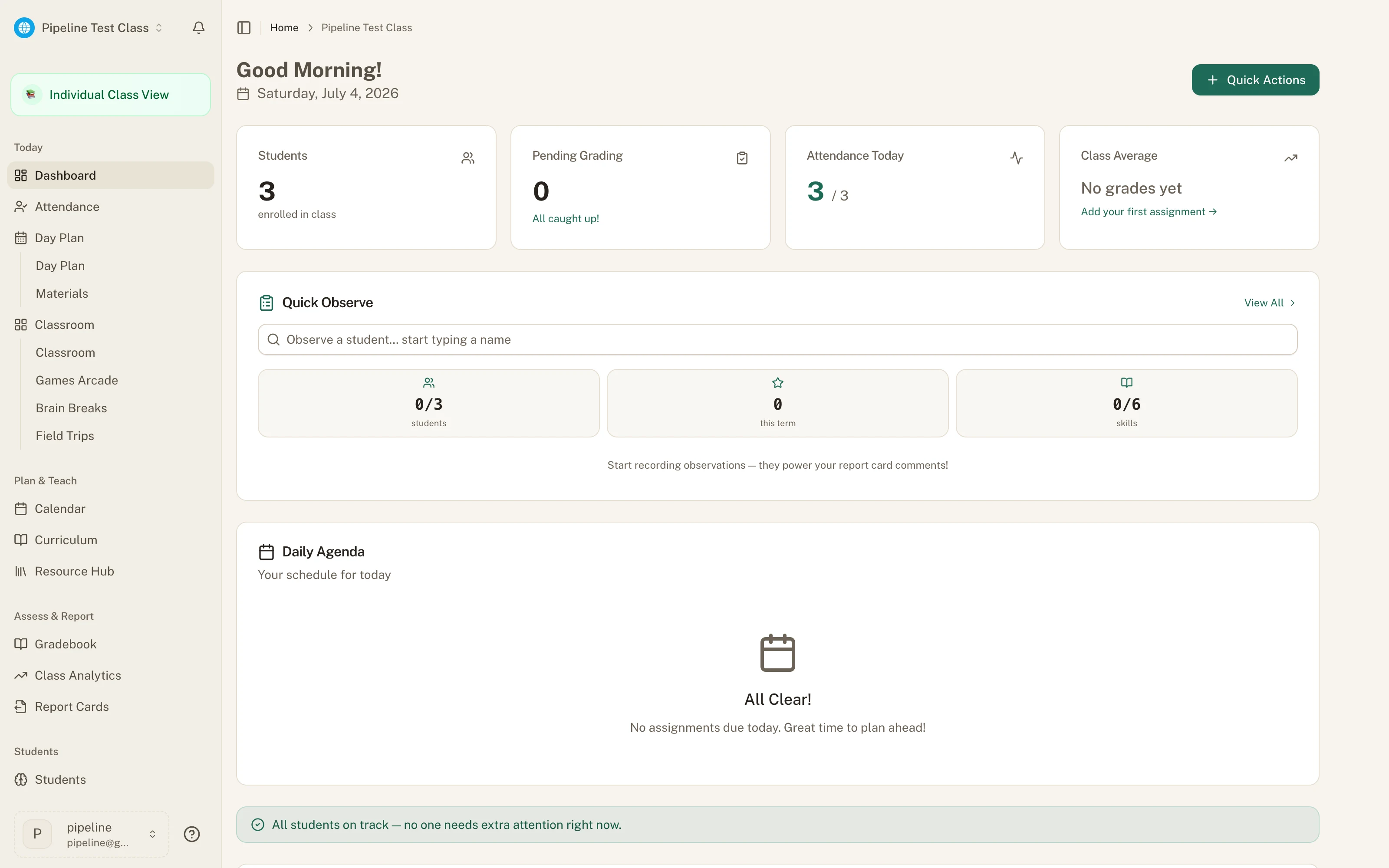 The niimbl class dashboard showing attendance, pending grading, and the daily agenda
